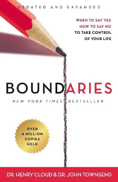 Print book Boundaries by Dr. Henry Cloud showing the cover with a red pencil drawing a line